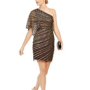 adrianna papell sequin one shoulder sheath dress in dark chocolate size 2.